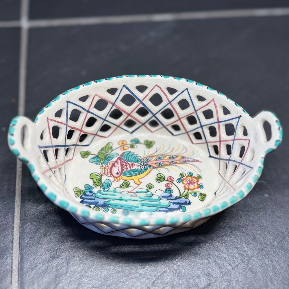 Vicorzate Agueda Portugal Hand Painted Ceramic Reticulated Bird Basket Bowl